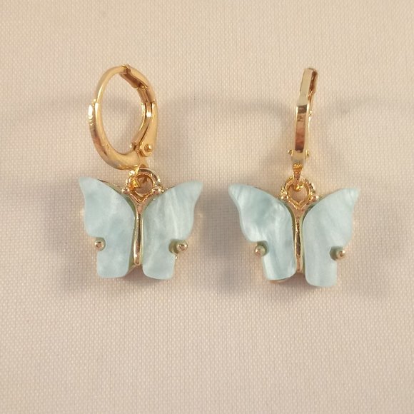 Gold Plated Blue Opal Resin Butterfly Earrings Pendant Necklace Set 18" Gift - Picture 3 of 4
